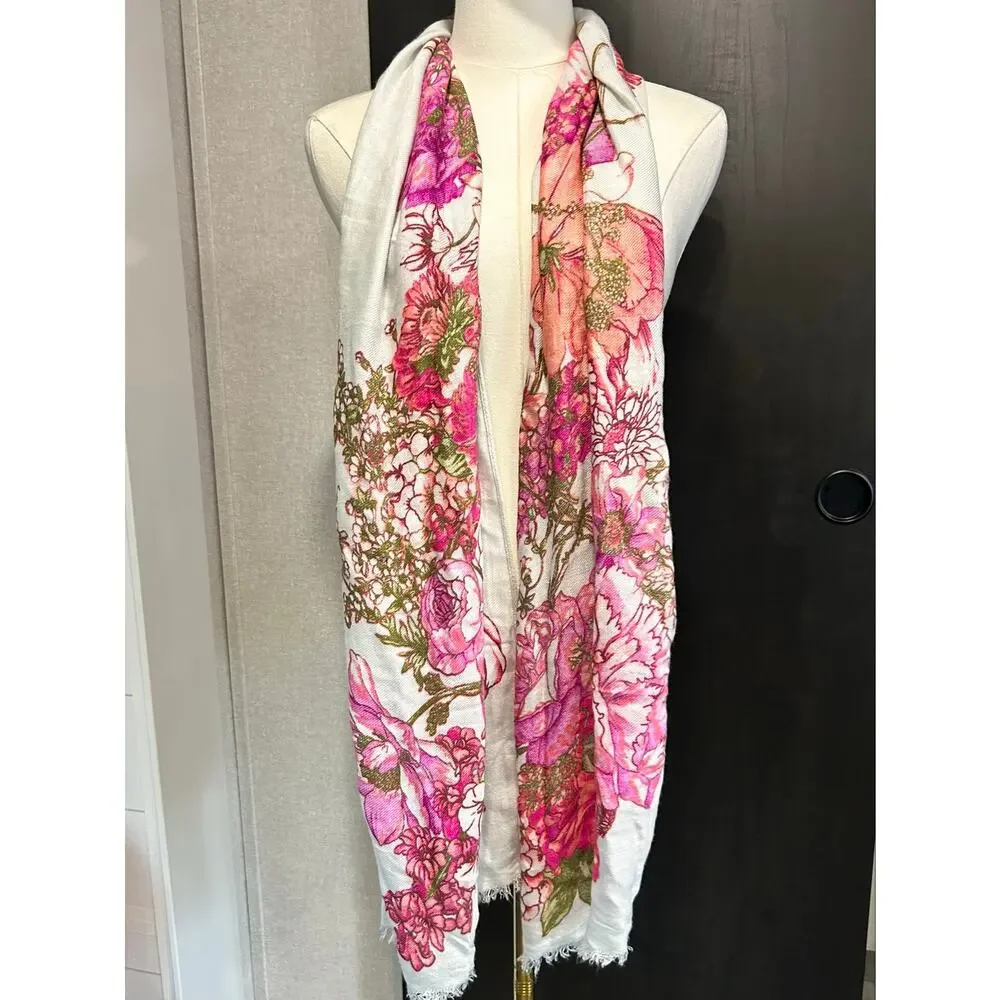 Scarf Max Edition Cream Pink Floral Rayon Coquette Boho Long Scarf Cottage core